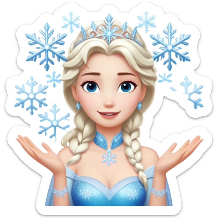 Cinematic Elegant Elsa Portrait Emoji, Standing gracefully with snowflakes forming in her hands, a soft yet confident smile, frosty shimmer surrounding her, a queen in perfect icy splendor! sticker