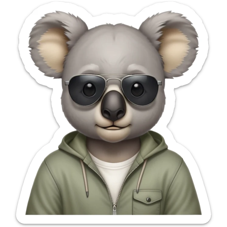 anthropomorphised koala, head and shoulders, casual clothing, dark sunglasses, fierce expression with different look sticker
