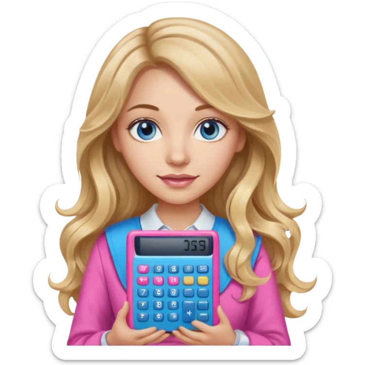 pretty female with long wavy brown hair with blonde highlights and blue eyes holding a pink calculator sticker