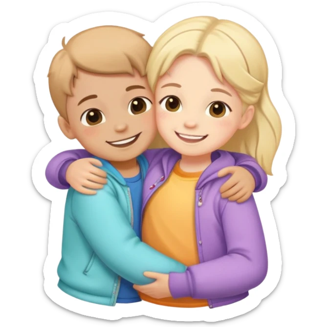 Cute detailed sticker: two smiling kids hugging, colorful clothes, soft cartoon style, pastel colors, clean lines, transparent background. sticker