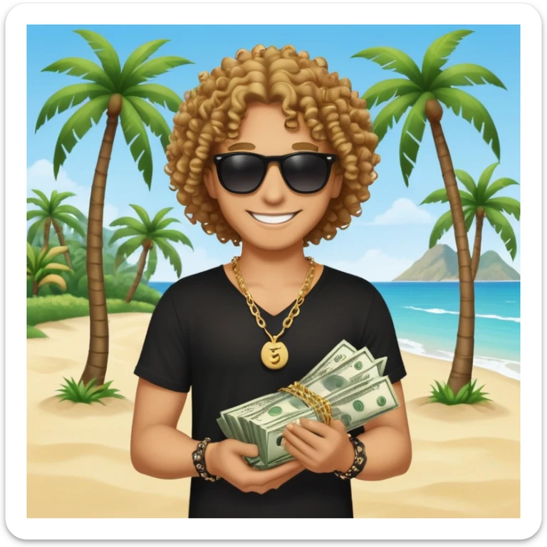 Smiling person with curly hair in black shirt and chain necklace, holding money bundles, black sunglasses, tropical beach scene with palm trees sticker