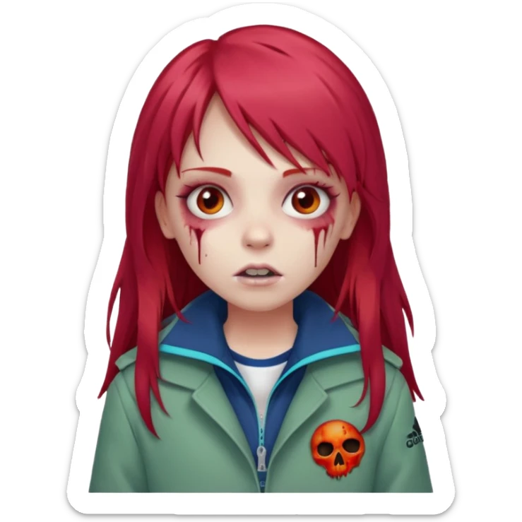 Crie um emoji de uma menina com bochecha gordinha com o cabelo vermelho longo com uma franja reta zumbi casaco de gola alta da adidas sticker