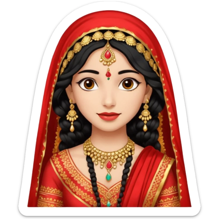a pretty bratz fair indian girl wearing a red indian wedding outfit with dupatta on head,  golden jewellery, black wavy hair sticker