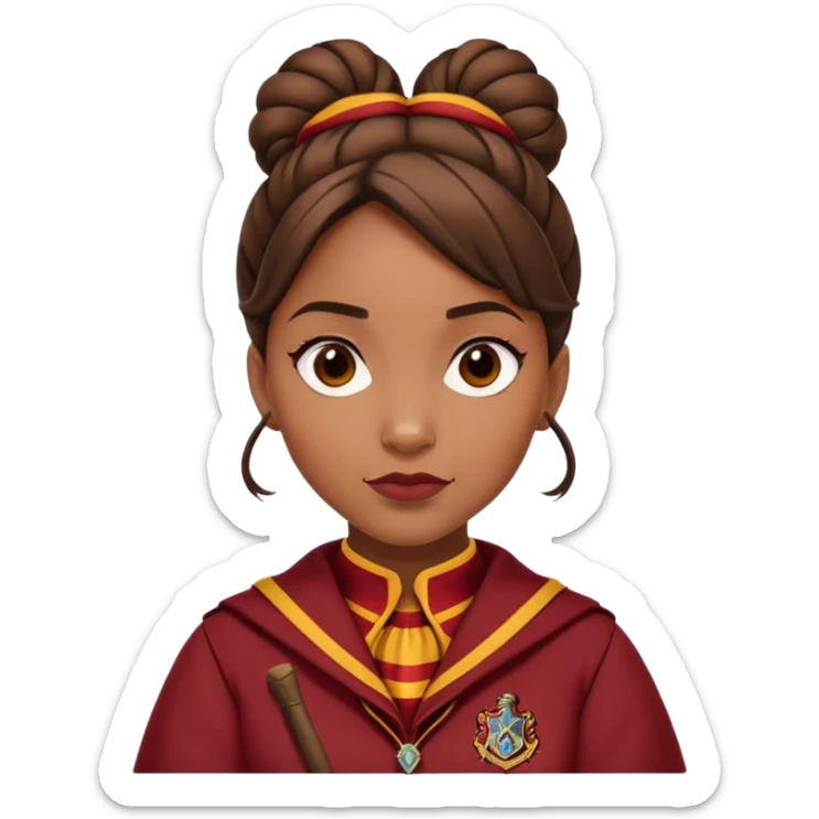 Angelina Johnson in harry potter, wear hogwarts gryfindor uniform,  thick, brown knot bun hair , reflecting her bold, stylish, and strong personality sticker