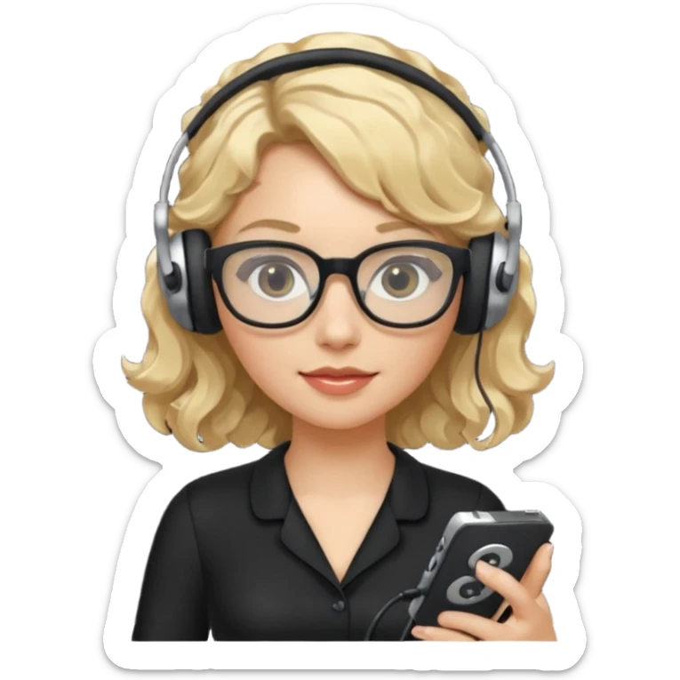 
gamer, woman with blond wavy hair, tight black dress with a white line with glasses, headphone, gamepad sticker