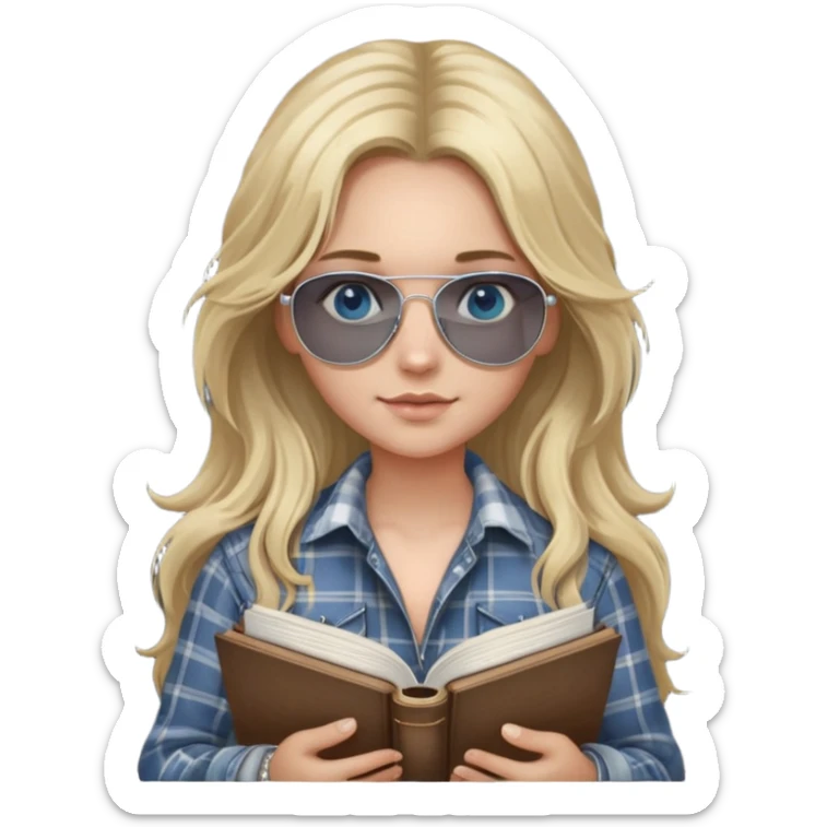girl with long blond messy hair wearing grey plaid shirt with blue eyes and aviator sunglasses wearing a ring on her silver necklace, holding law books sticker