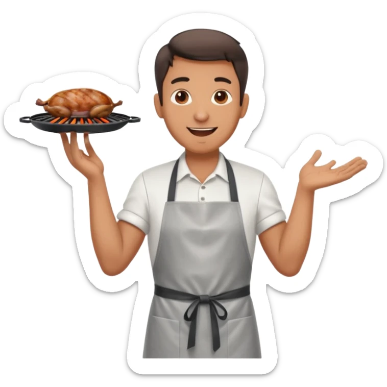 A cheerful man in an apron flipping meat on a sizzling grill with smoke puffing upward. sticker