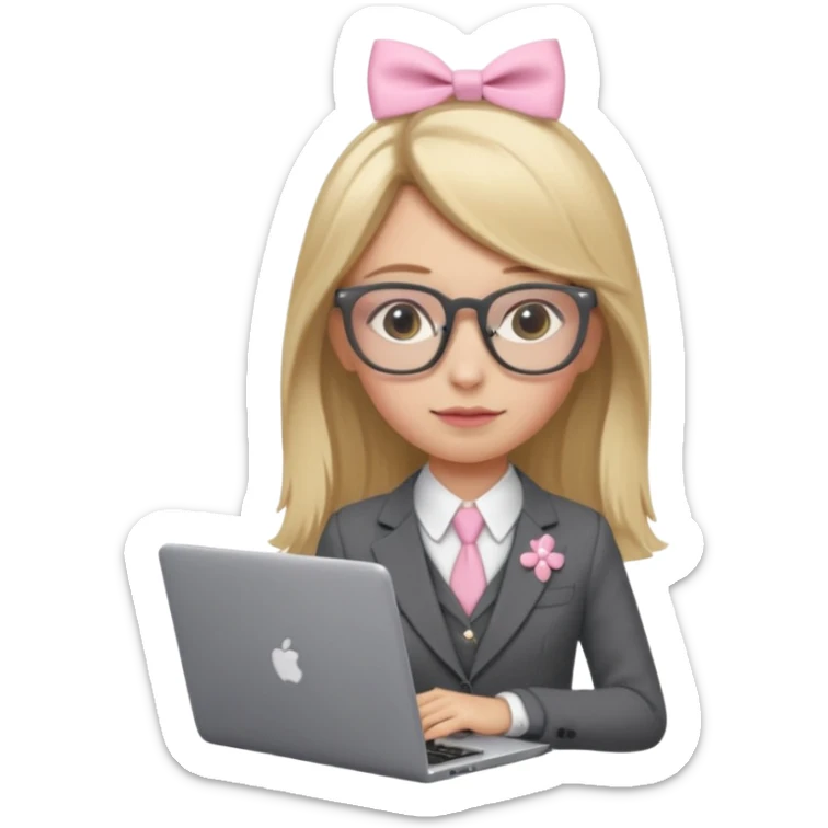 Please take the girl with laptop emoji and make her glassess light brown and her nose a bit smaller and pointier and she has blonde long hair and a dark grey suit and pearls, and has a laptop in fron of her and a tiny pink bow on the left side of her head sticker