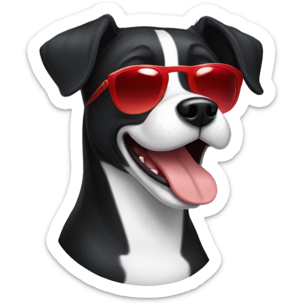 Black very short hair female large dog with sunglasses and red lips  smiling with the tongue outside the mouth . The dog has a tiny  white line on the chest sticker