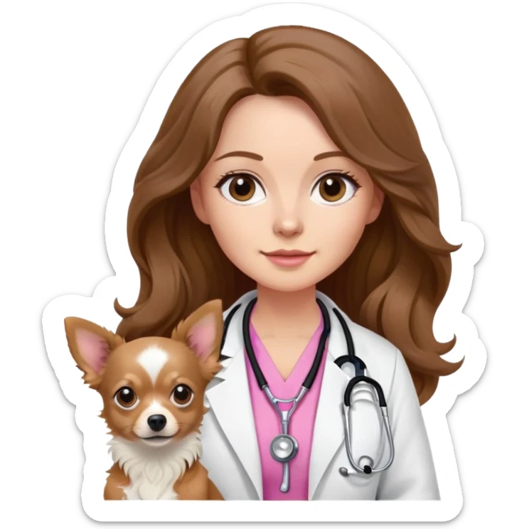 Veterinary doctor white woman with long brown wavy hair and brown eyes, wearing a white coat , a pink stethoscope around neck and standing next to a solid black colored chihuahua dog  sticker