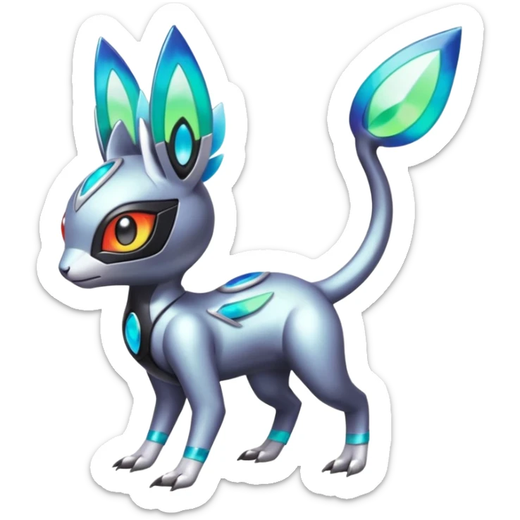 Shiny Colorful Futuristic Cyber-Vernid-Trico-Meloetta-Latias-Koraidon-Peppercat-Protogen-Pokémon-Digimon-Fakémon-fusion-hybrid-creature sticker