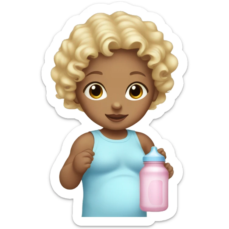 baby girl with blonde curly hair wearing a light pink onesie and holding a light blue baby bottle sticker