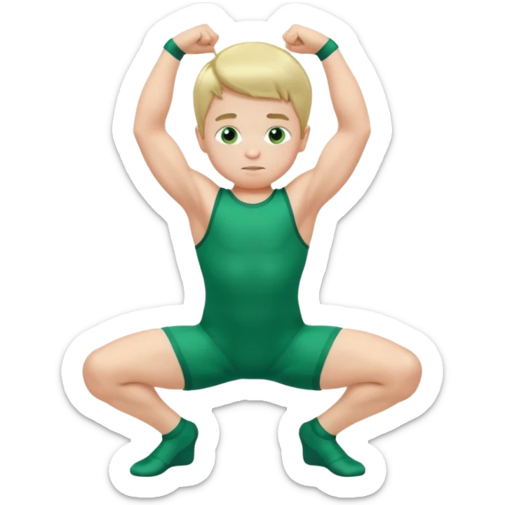 Little boy in a green leotard flexing his arms and bending his knees sticker