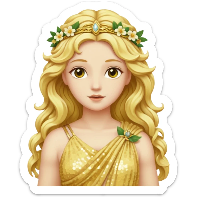 Flora, Goddess of Flowers from Roman Deities with long golden blonde wavy hair, pale yellow sequin toga  sticker