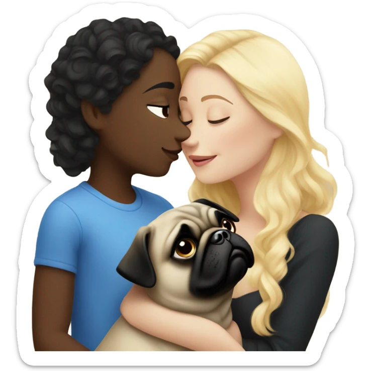 Girl with wavy blonde hair and blue eyes kissing a black pug sticker