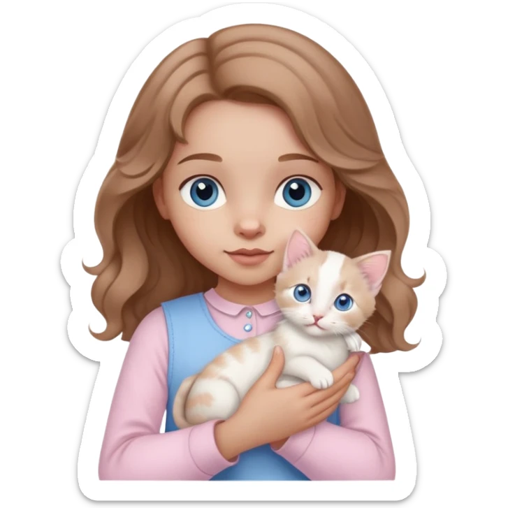 A little girl with wavy light brown hair and blue eyes and pale pink clothes holds a white kitten sticker