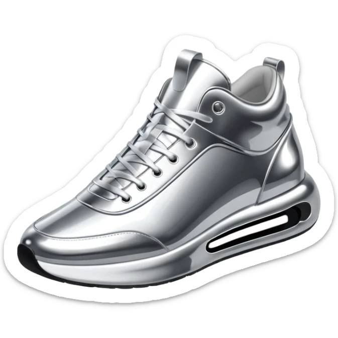 A pair of futuristic sneakers emoji made of silver chrome, sleek streetwear design, smooth metallic panels, subtle reflections, luxury swag aesthetic, iOS emoji style, centered, clean white background sticker