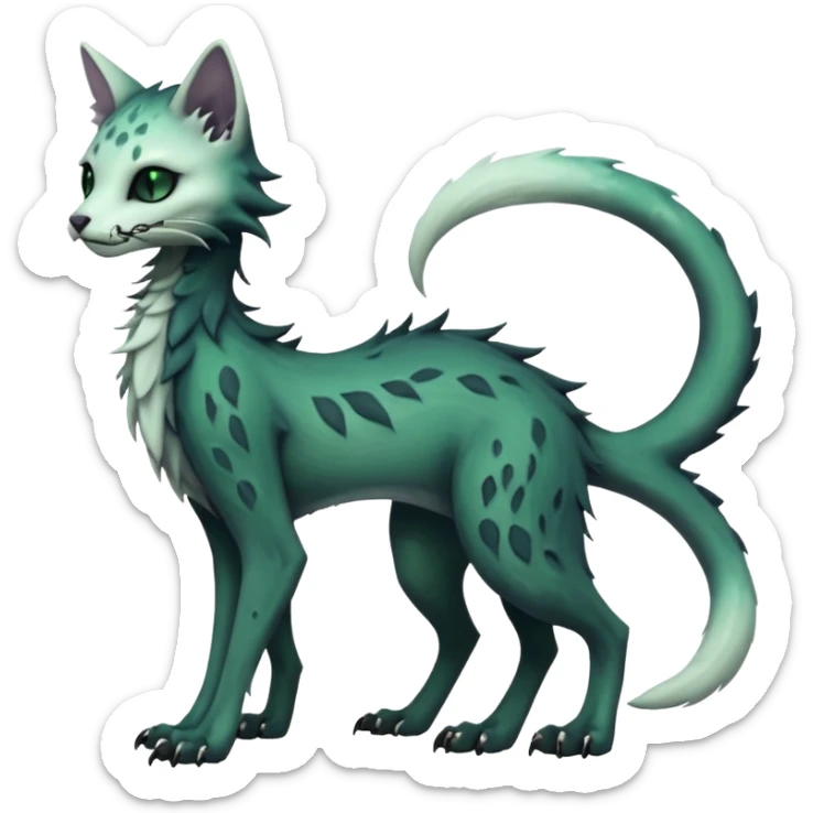 Kawaii divine dark pastel whitish blackish swampy white-skeletal gloomy ghostly dark greyish dark-deep-greenish foggy eldritch elegant cute beautiful realistic edgy fantasy ghoul-like stitched feline-vernid-sergal-fursona animal creature with a tufted tail full body with intricate markings  sticker