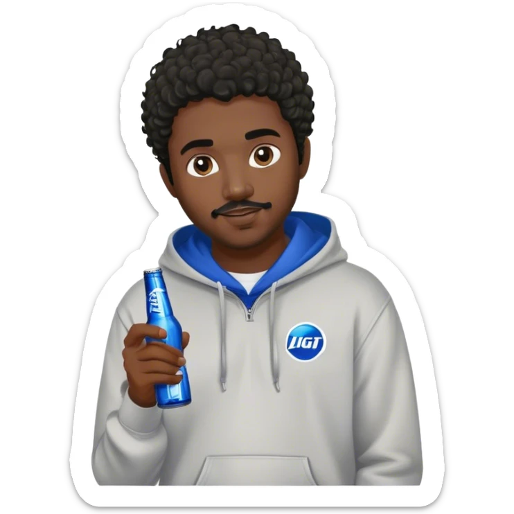 dark black guy short curly hair facial hair holding bud light wearing a hoodie sticker