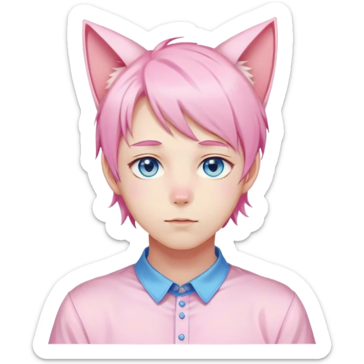 Pastel effeminate young femboy man with pastel pink shiny hair, pink cat ears, pastel yellow blouse, blue eyes, cute, gorgeous, anime, catboy, romantic sticker