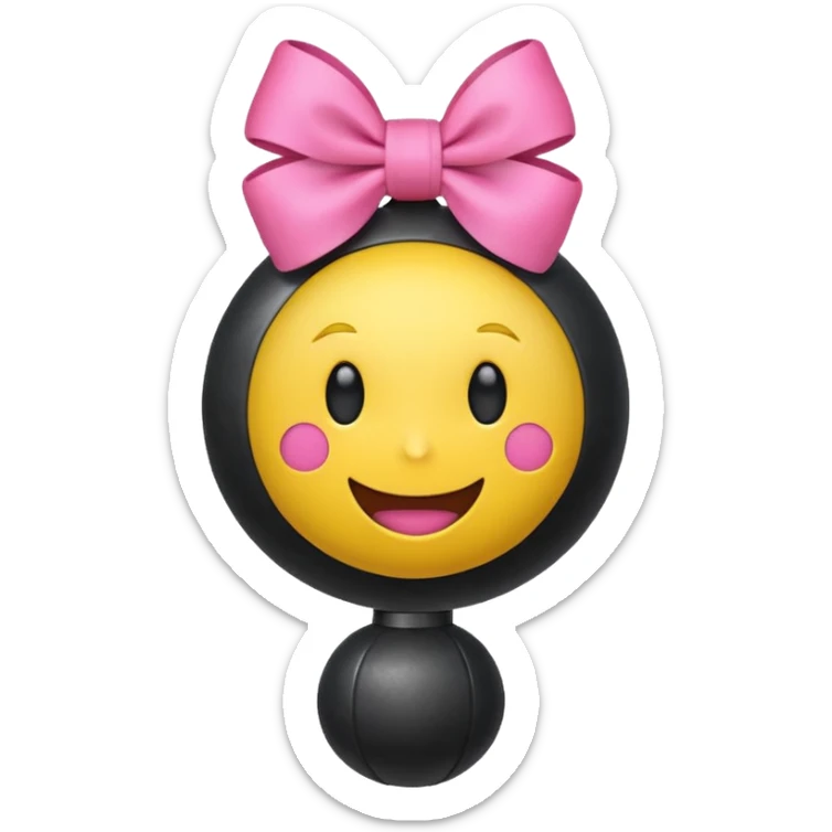 A happy face emoji holding a bomb and the bomb has a cute pink bow on the bomb sticker