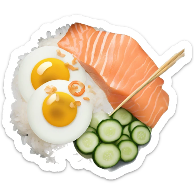 Bowl with rice, smoked salmon, egg, cucumber salad and sriracha and sesame seeds with chopsticks next to it  sticker
