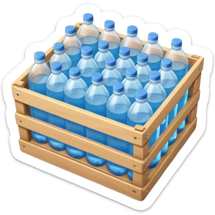 A 3D cartoon crate filled with water bottles, neatly arranged, bright industrial background, smooth reflections, realistic Memoji-style. sticker