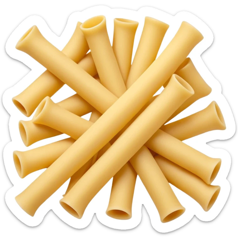 loose scatter of uncooked elbow-shaped pasta tubes in pale golden yellow, smooth matte texture, slightly curved forms, cleanly cut edges, surfaces subtly ribbed or plain, no plate, sauce, or packaging, soft lighting, subtle shadows, emoji scale sticker