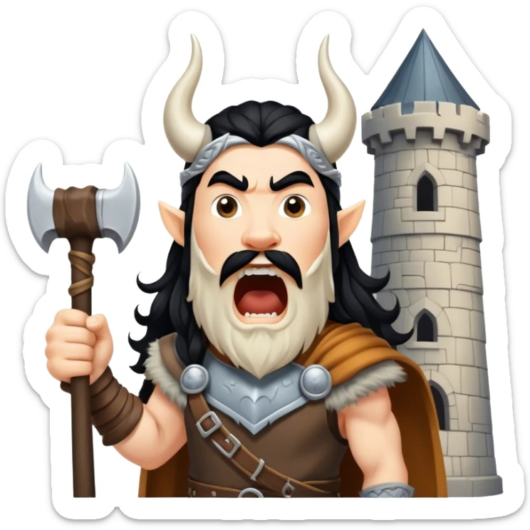 vikingo, con cuerno de vaca, pelo negro ondulado, de pie, grito de guerra en torre de Asgard. sticker