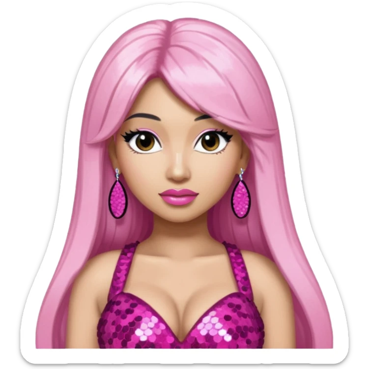 Nicki Minaj with long white black hair, dark pink sequin dress, pink earrings sticker