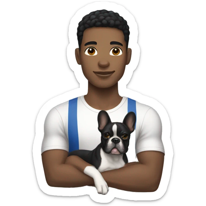 athletic light skin male with short black hair holding a french bulldog sticker