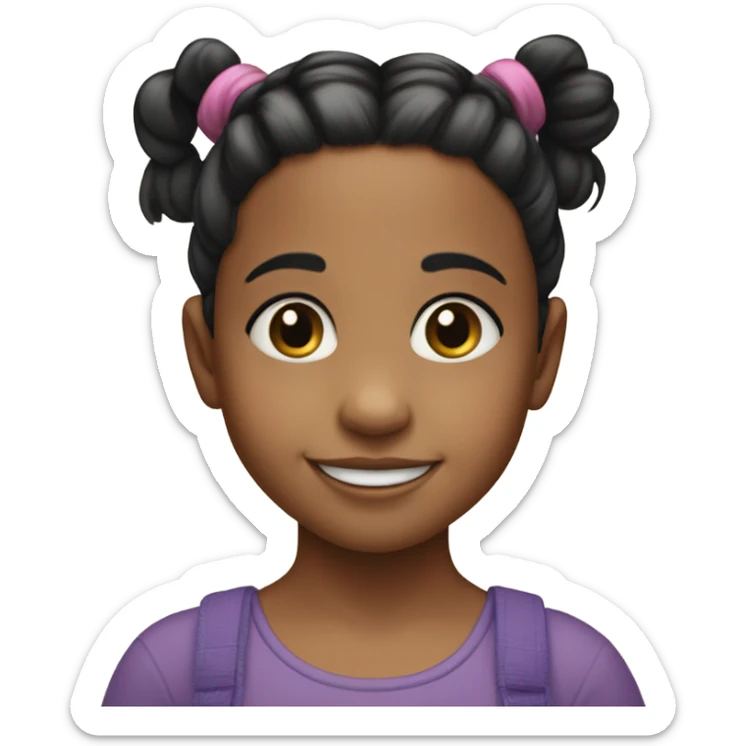 
3 year old girl with 2 pigtails and hair with black ponytails, big black eyes, smiling sticker