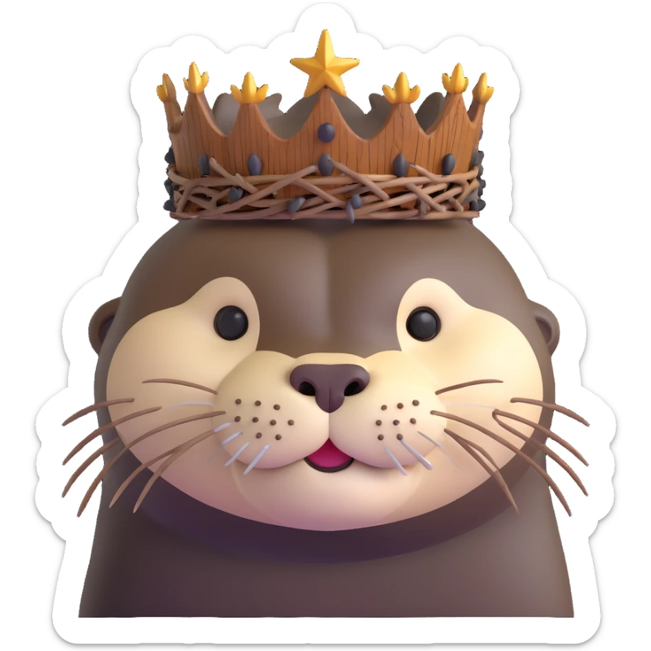 really cute confused otter face portrait with simple wooden thorny stem wrapped horizontally around its forehead like Jesus Crown of thorns, no metal, natural wood thorns, portrait painting style sticker