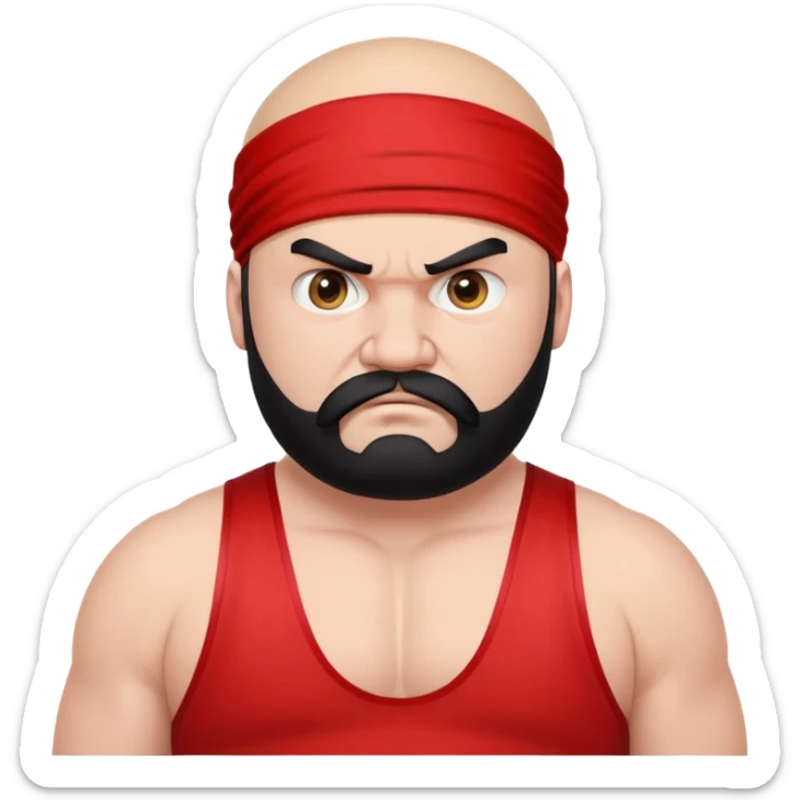 Close-up of extremely fat white skin guy with young face, prominent BLACK DURAG tied clearly on head, distinct black beard and mustache, no muscle, black eyes in a red and black wrestling singlet with angry face sticker