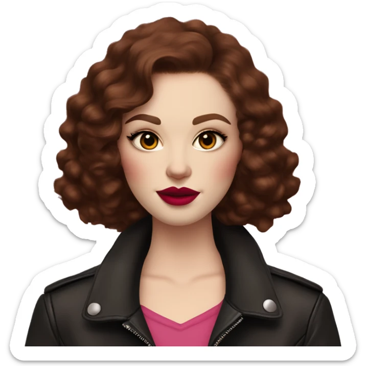 Woman with very pale skin, dark red curly short hair that is parted on the side, heavy cat-eye makeup, long eyelashes, bright pink blush and lipstick.  Her eyebrows are dark, arched and very high.  Hazel eyes. Big lips. Wearing a leather jacket  sticker