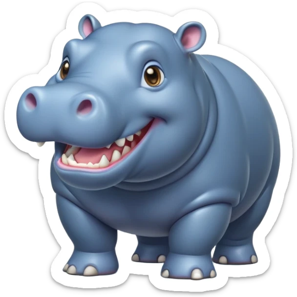cinematic-hippo-realistic-full-body-side-view-standing-on-all-fours-emoji,-massive-round-frame,-wide-mouthed-grin-exposing-huge-teeth,-head-tilted-dramatically,-thick-greyish blue-hide-glossy, big cute eyes sticker