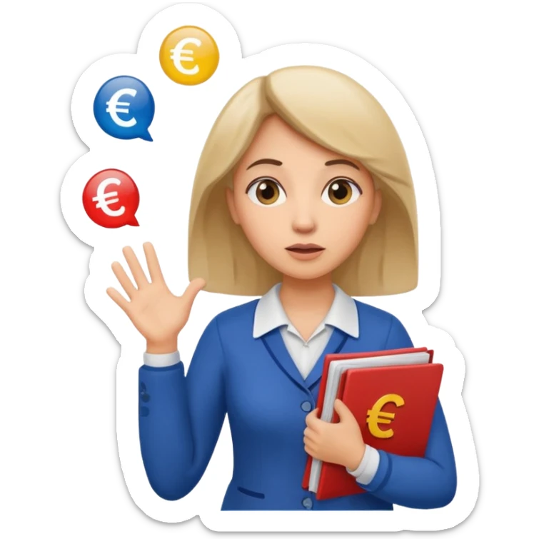A confused female kindergardenteacher shrugging shoulders with euro symbols and documents floating around. sticker