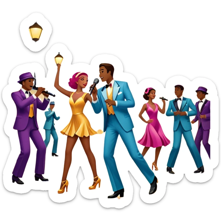 Vintage movie poster-style icon for a musical film. The cityscape glows in the background, evoking the golden era of musicals. A vibrant street scene with bright lights, dancers mid-step, a singer with a microphone, and a jazz band playing. Transparent background. sticker