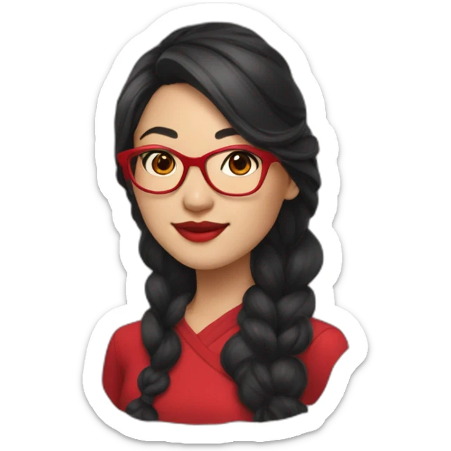 Young woman asiatic teacher, black hairs, red glasses, red lipstick, red dress, black eyes sticker
