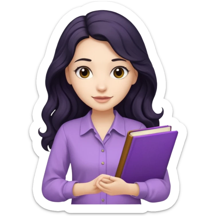 Long Hair Women with Black wavy hair, with purple Book, beige shir, without background sticker
