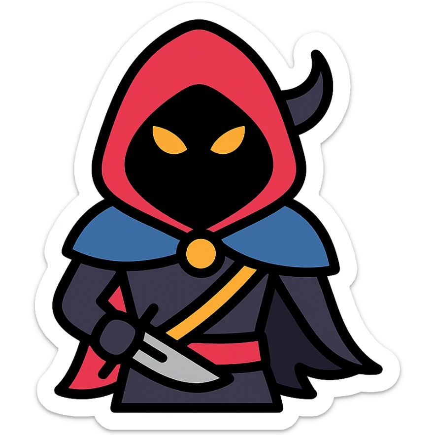 shadow demon rogue, cloaked, glowing eyes, fantasy character, color outline icon style sticker