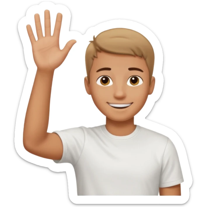 joven bronceado corte de pelo muy cortito polera blanca sonrisa bonita saludando mano arriba sticker