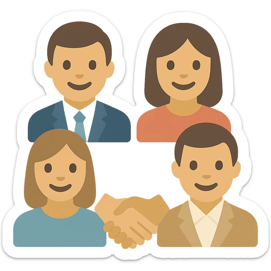 a team of people in suits and business casual, smiling and collaborating, flat color icon style sticker