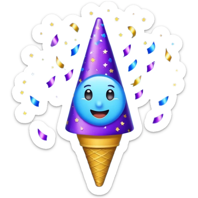 Emoji with glowing cone-shaped confetti popper, purple and blue colors emitting confetti and glitter, creating a bright festive atmosphere sticker