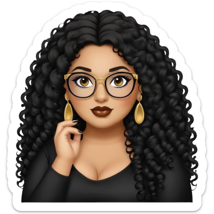 big plus size, latina, darker tan skin, long black curly hair, baddie,pretty, makeup, lipgloss, black eyeliner, long hair, SMALL gold earrings, black top, black glasses sticker
