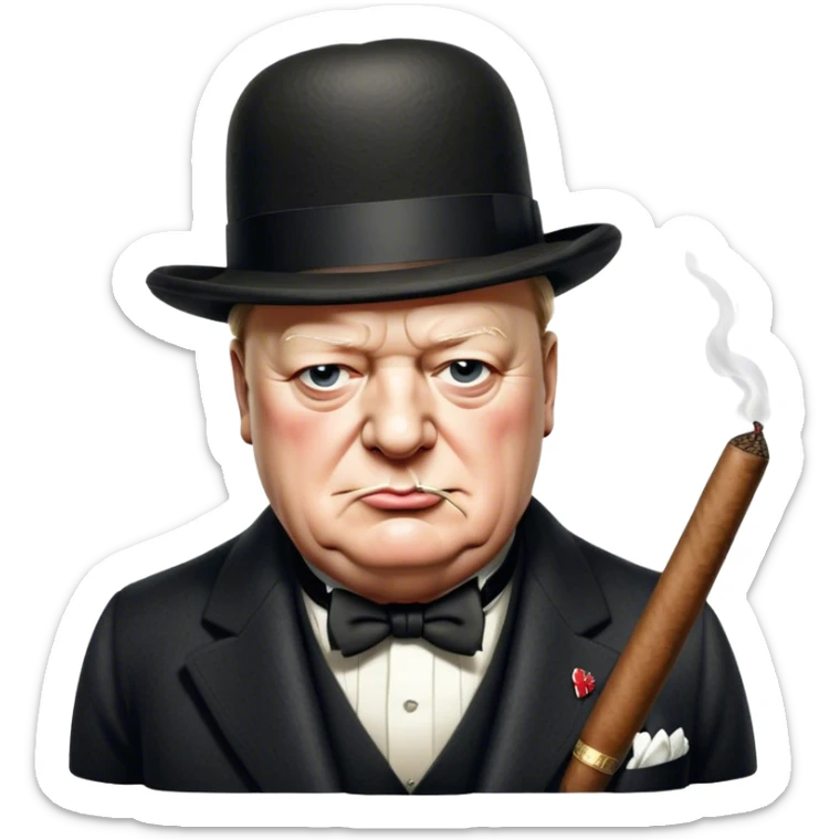 Cinematic Realistic Winston Churchill Portrait Emoji, depicted as a resolute British statesman with a signature bowler hat and a cigar, exuding determined leadership and wartime valor, rendered with lifelike textures and dramatic vintage lighting that captures his iconic British spirit. sticker