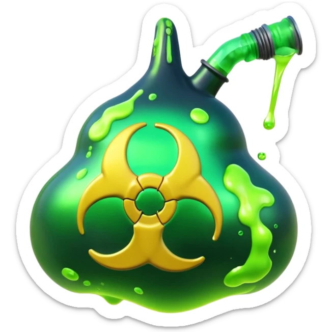 3D render of Oil Slick, toxic waste aesthetic, neon green bubbling liquid, caution yellow metal, industrial warning texture. sticker