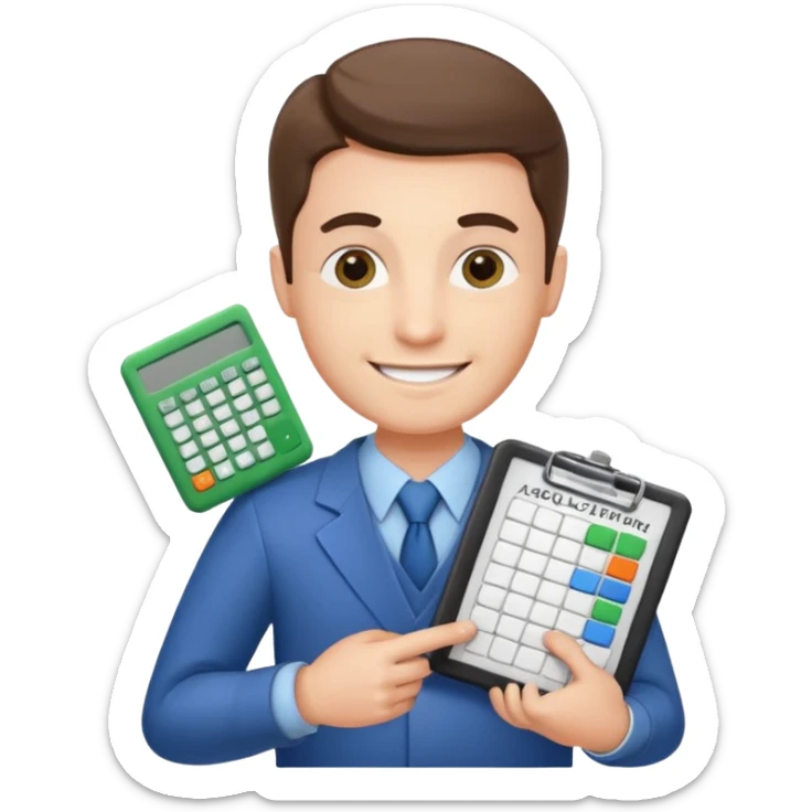 emoji, of a male AUDITOR smiling with Finance spreadsheet , a calculator,plus ADD A puzzle and a Balance for accounting. sticker