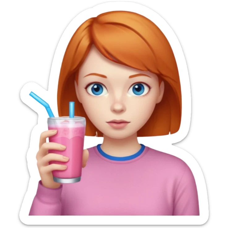 ginger woman short hair, pink shirt, sipping energy drink blue eyes cosy  sticker
