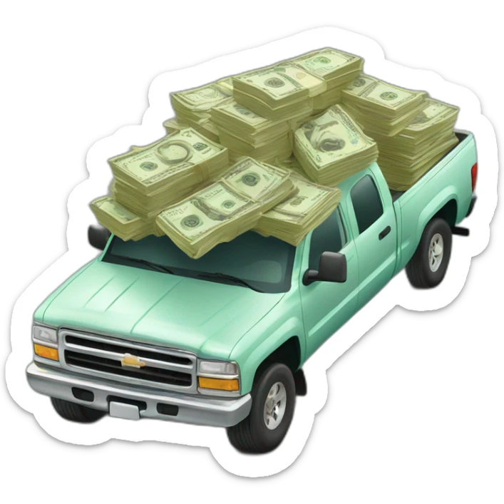 big pile of cash being transported on the back of a pickup truck sticker